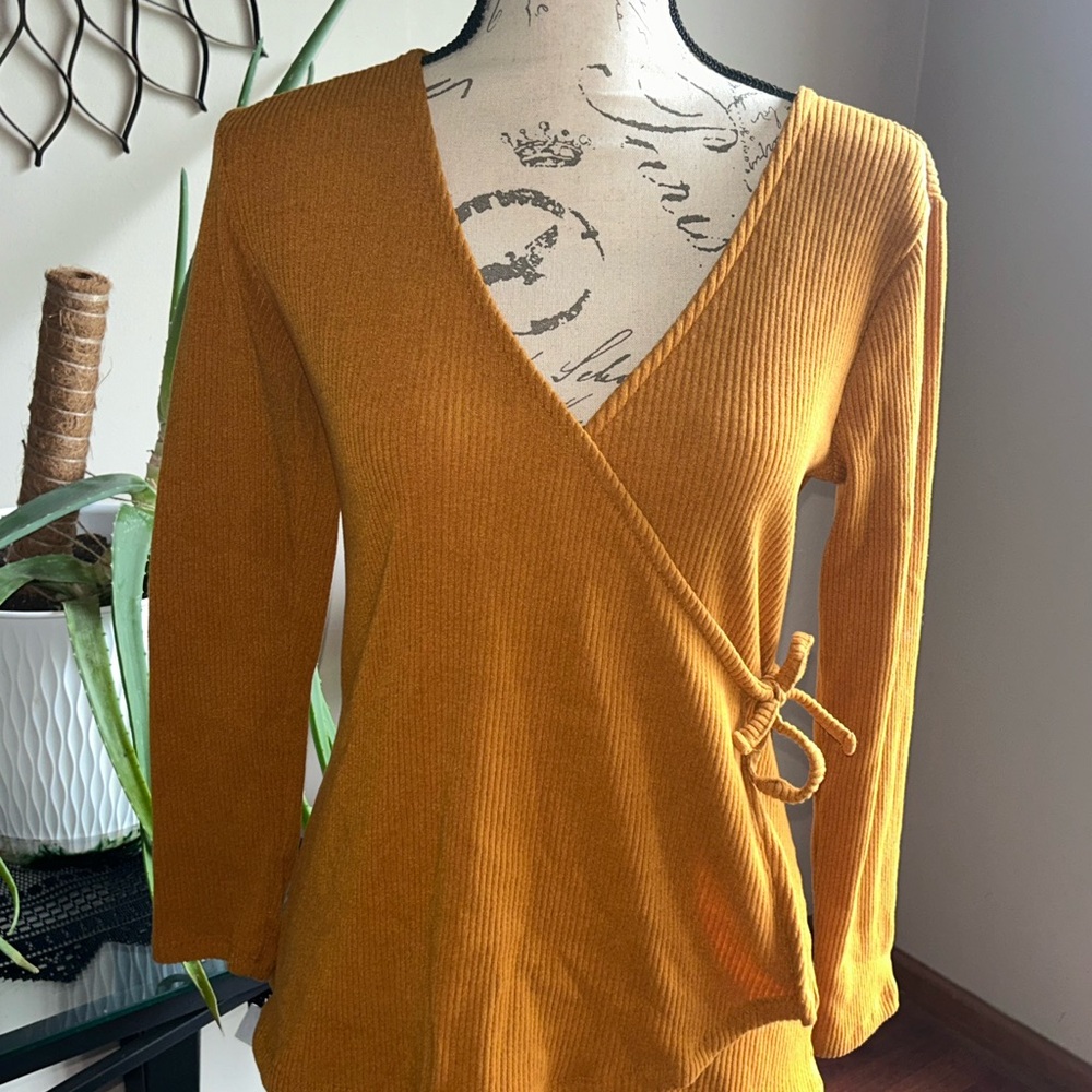 Old Navy Mustard Wrap Blouse - Picture 2 of 7